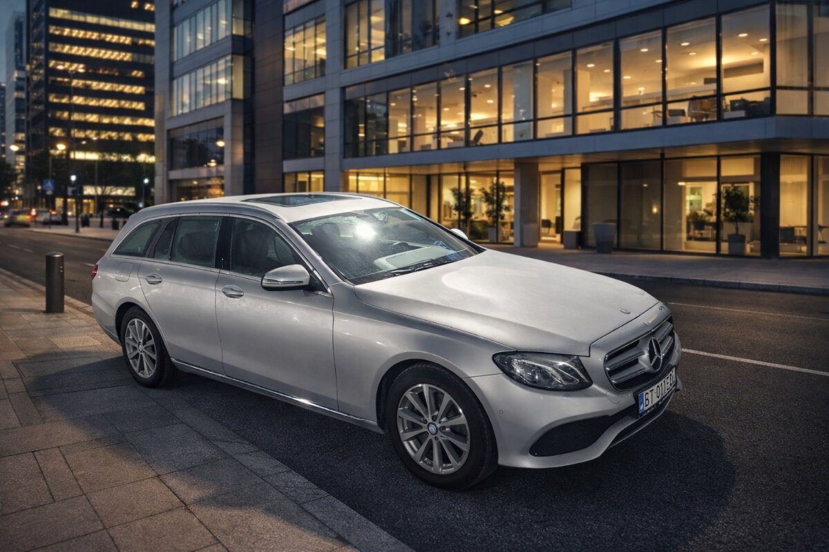 Strieborný Mercedes-Benz E 220 d kombi s veľkým kufrom na letisko Schwechat